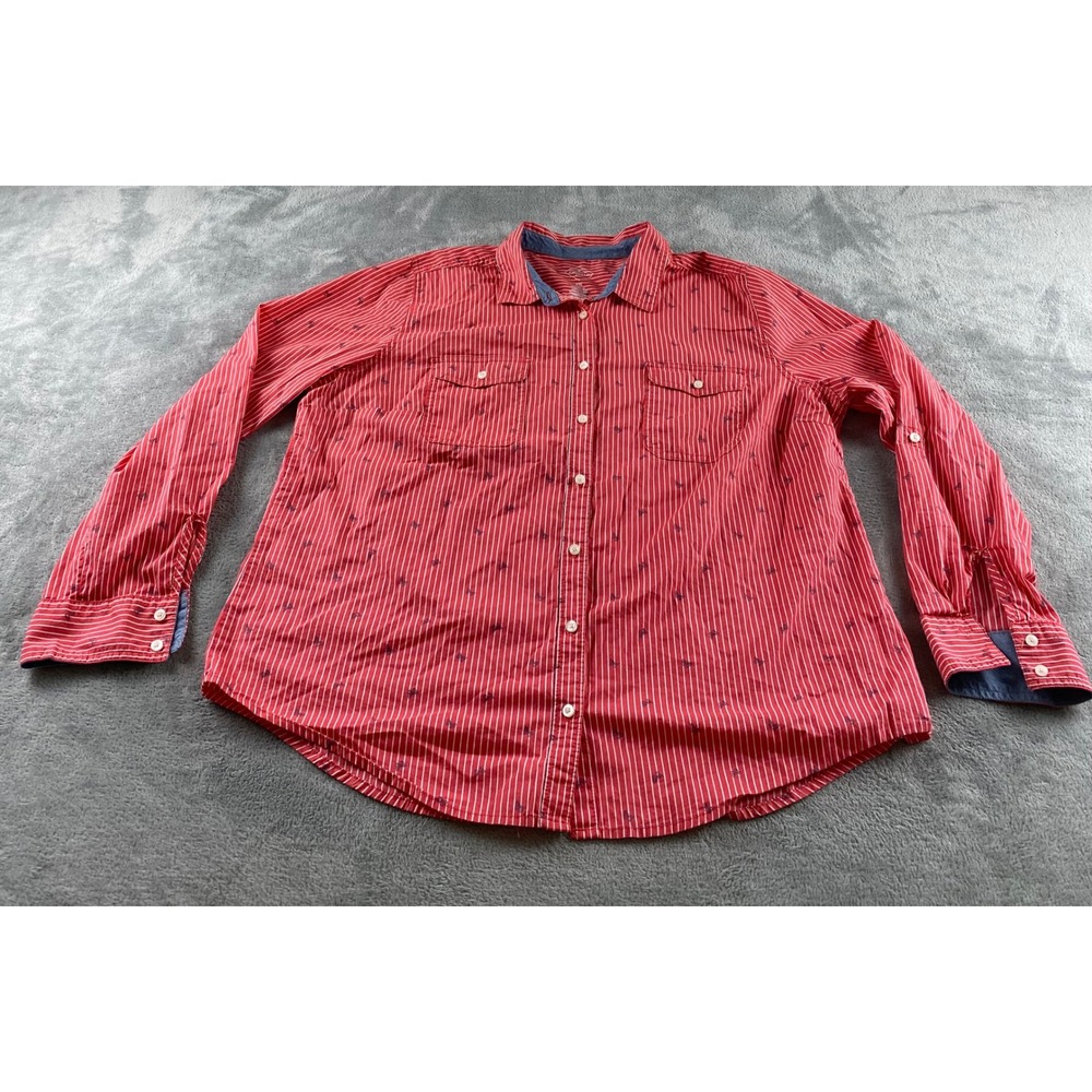 St Johns Bay Mens XXL Red White Striped Butterfly Embroidered Button‎ Down Shirt